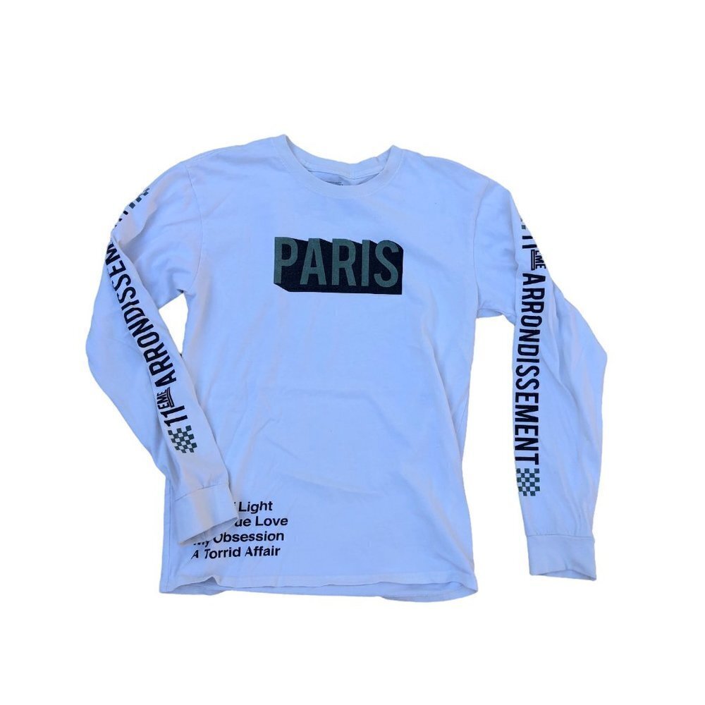 MIGHTY FINE Paris City of Light White Long Sleeve Shirt Men's SMALL Graphic Top 